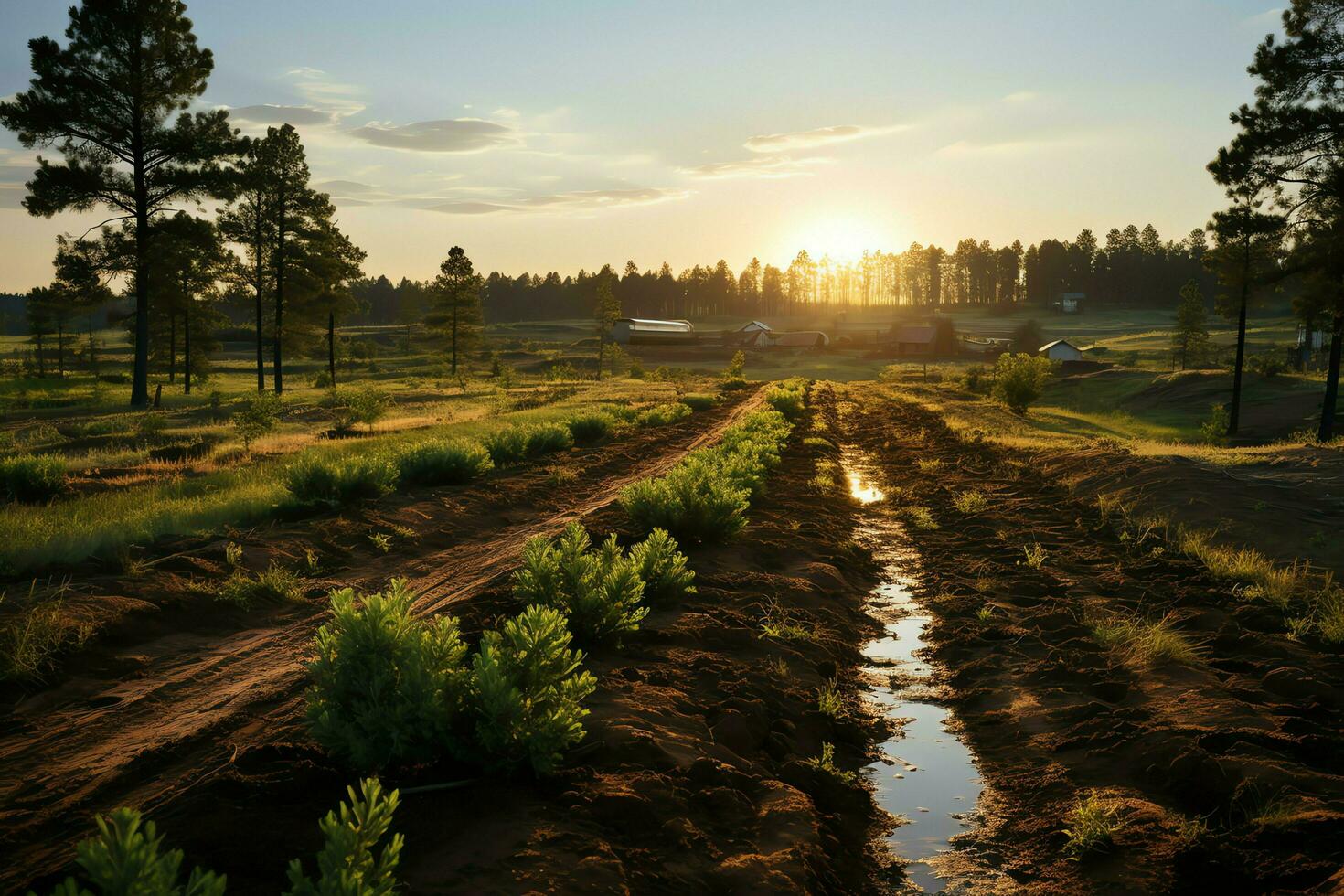 bellissimo Visualizza di un' tè campo piantagione, vigneto azienda agricola o fragola giardino nel il verde colline a Alba concetto di ai generato foto