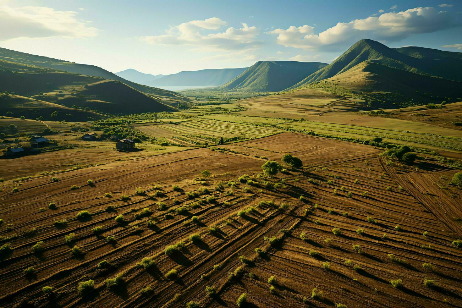 bellissimo Visualizza di un' tè campo piantagione, vigneto azienda agricola o fragola giardino nel il verde colline a Alba concetto di ai generato foto