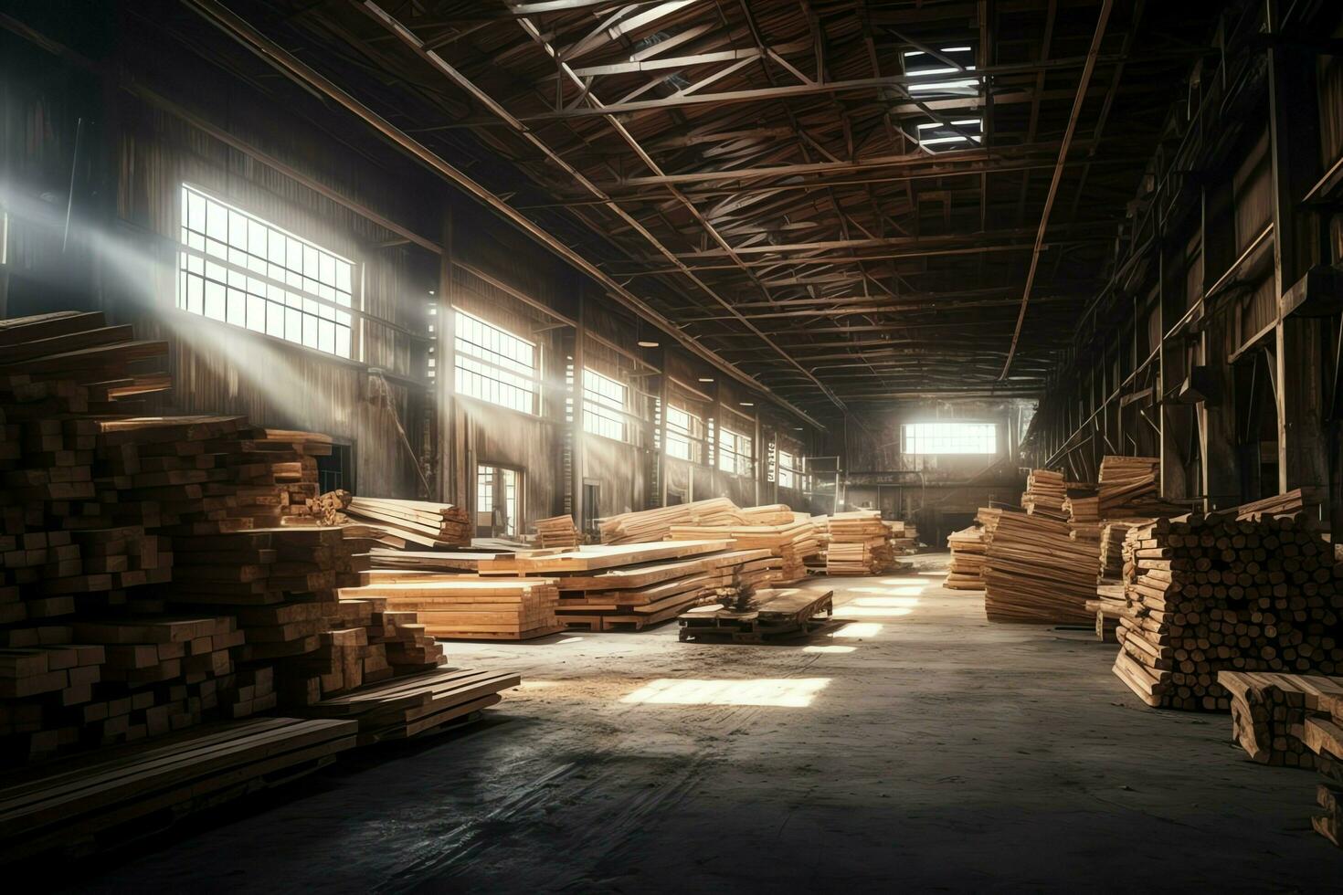 di legno tavola o tavola nel il legname mulino industria. pila di logs e legna nel il segheria produzione concetto di ai generato foto