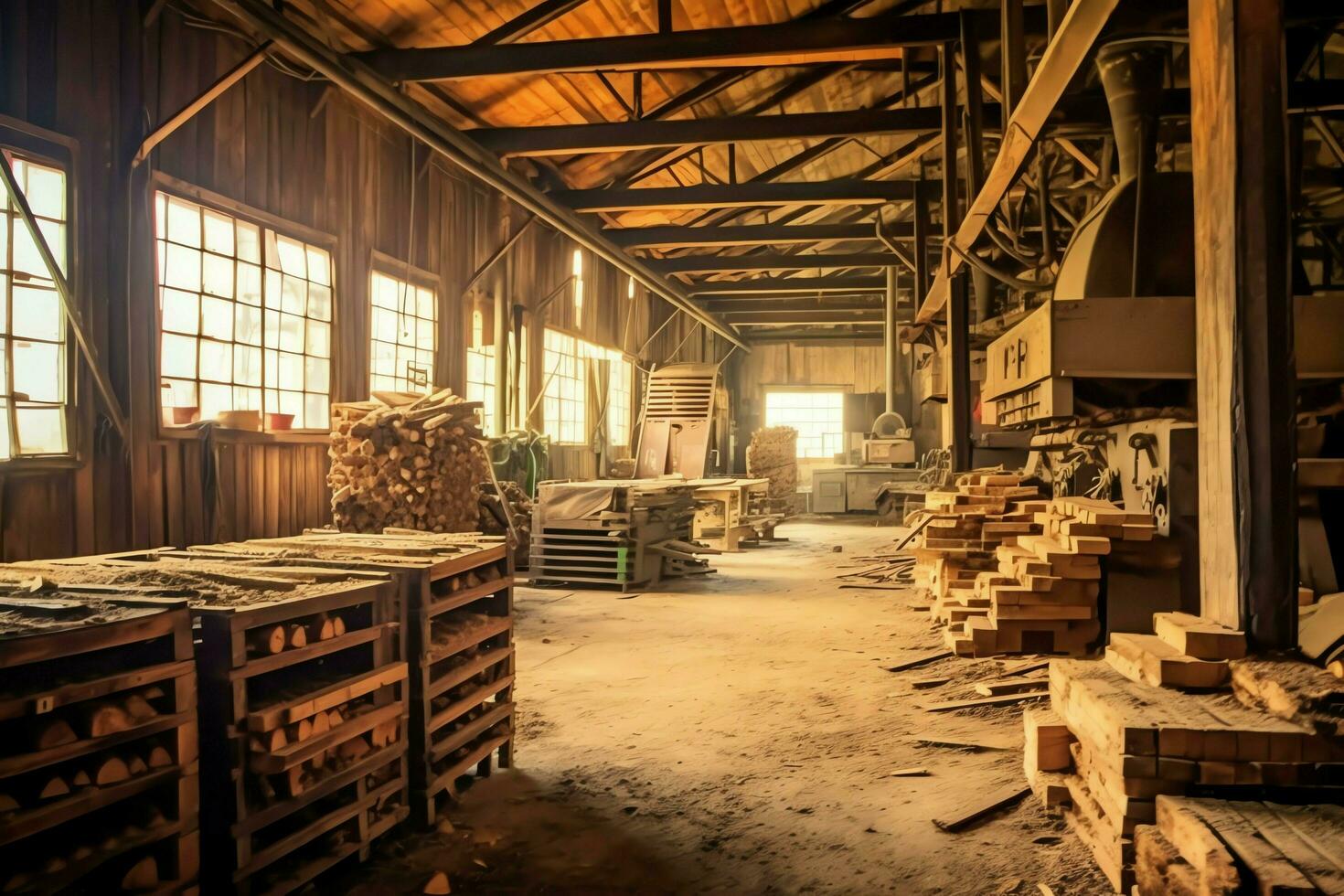 di legno tavola o tavola nel il legname mulino industria. pila di logs e legna nel il segheria produzione concetto di ai generato foto