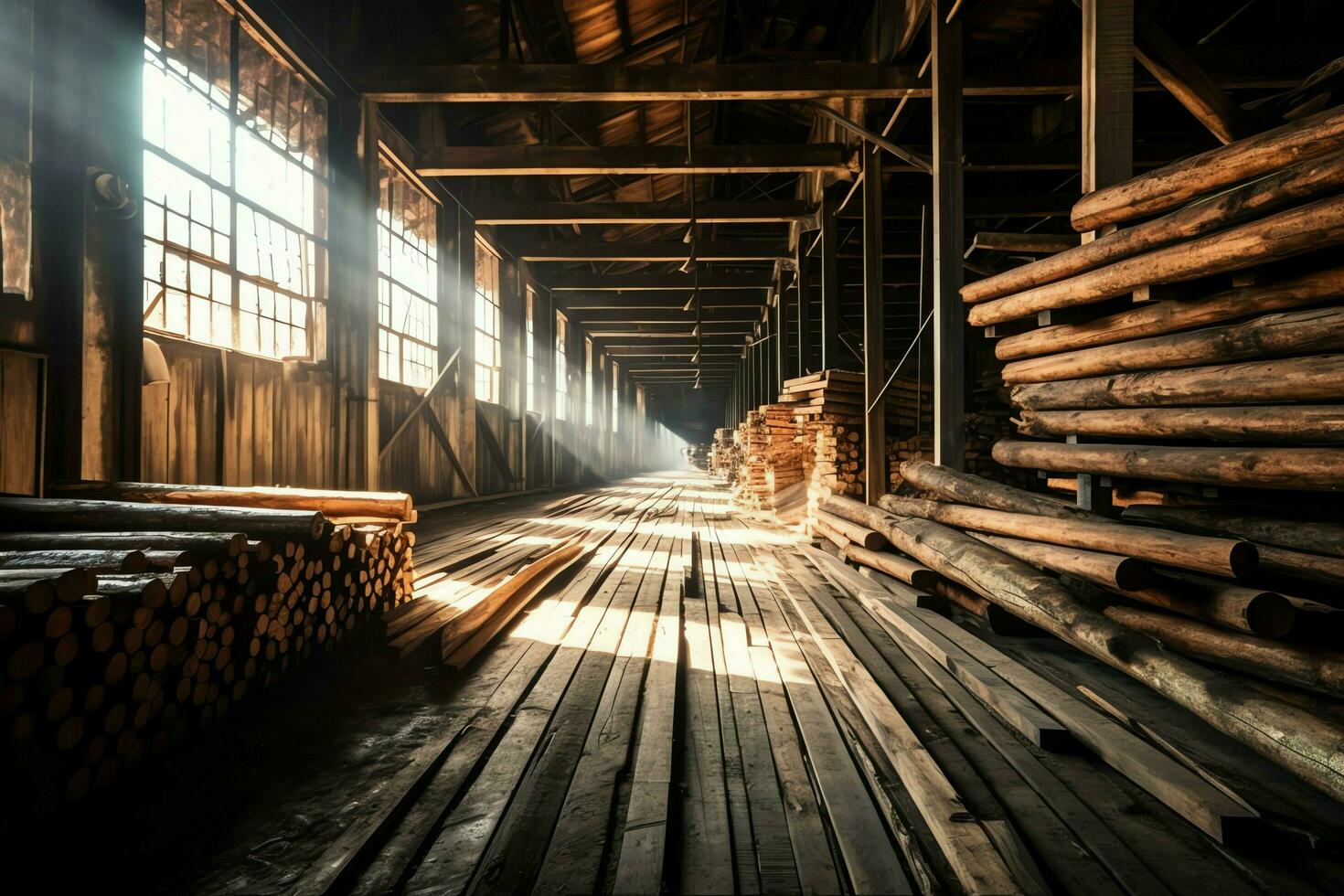 di legno tavola o tavola nel il legname mulino industria. pila di logs e legna nel il segheria produzione concetto di ai generato foto