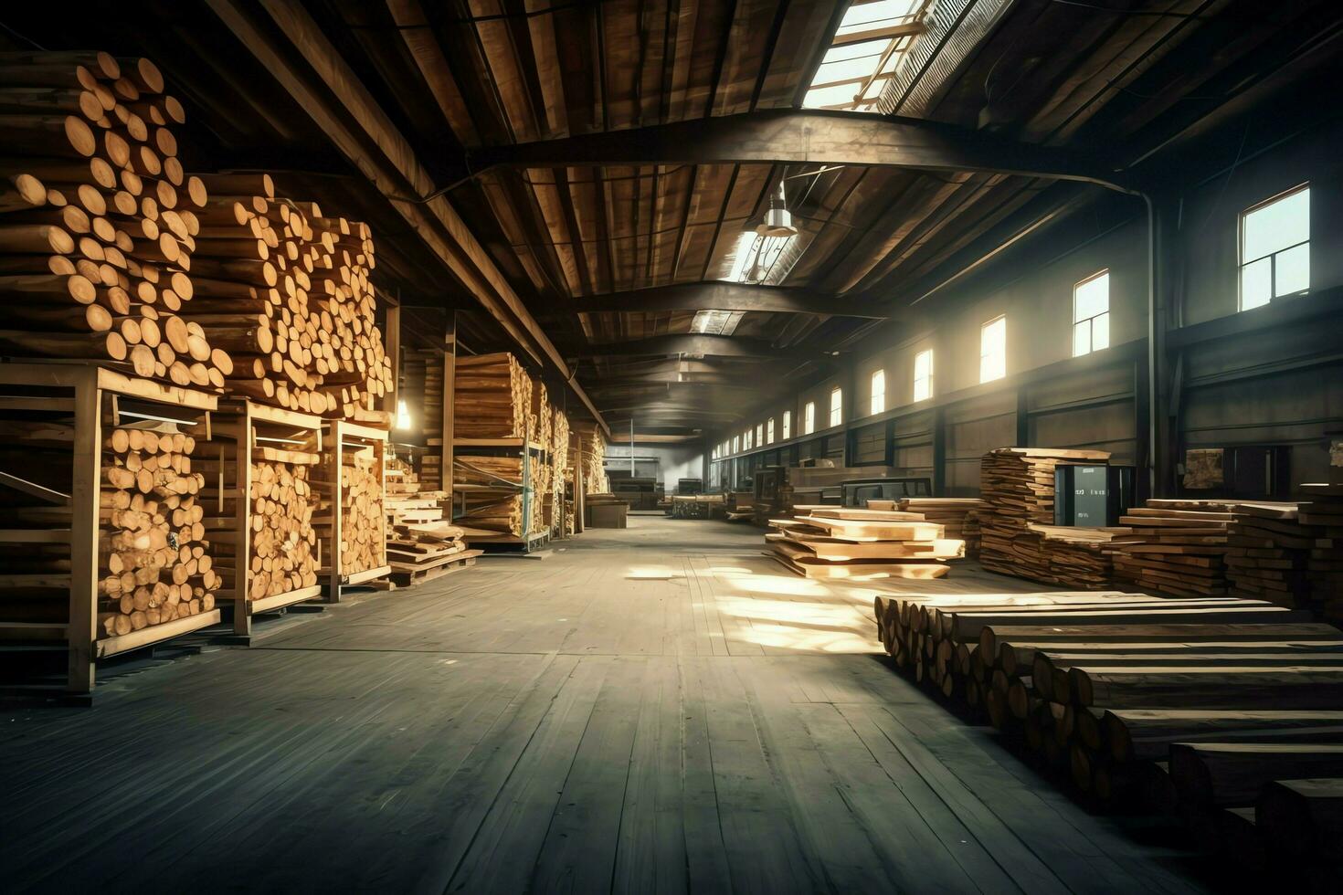 di legno tavola o tavola nel il legname mulino industria. pila di logs e legna nel il segheria produzione concetto di ai generato foto