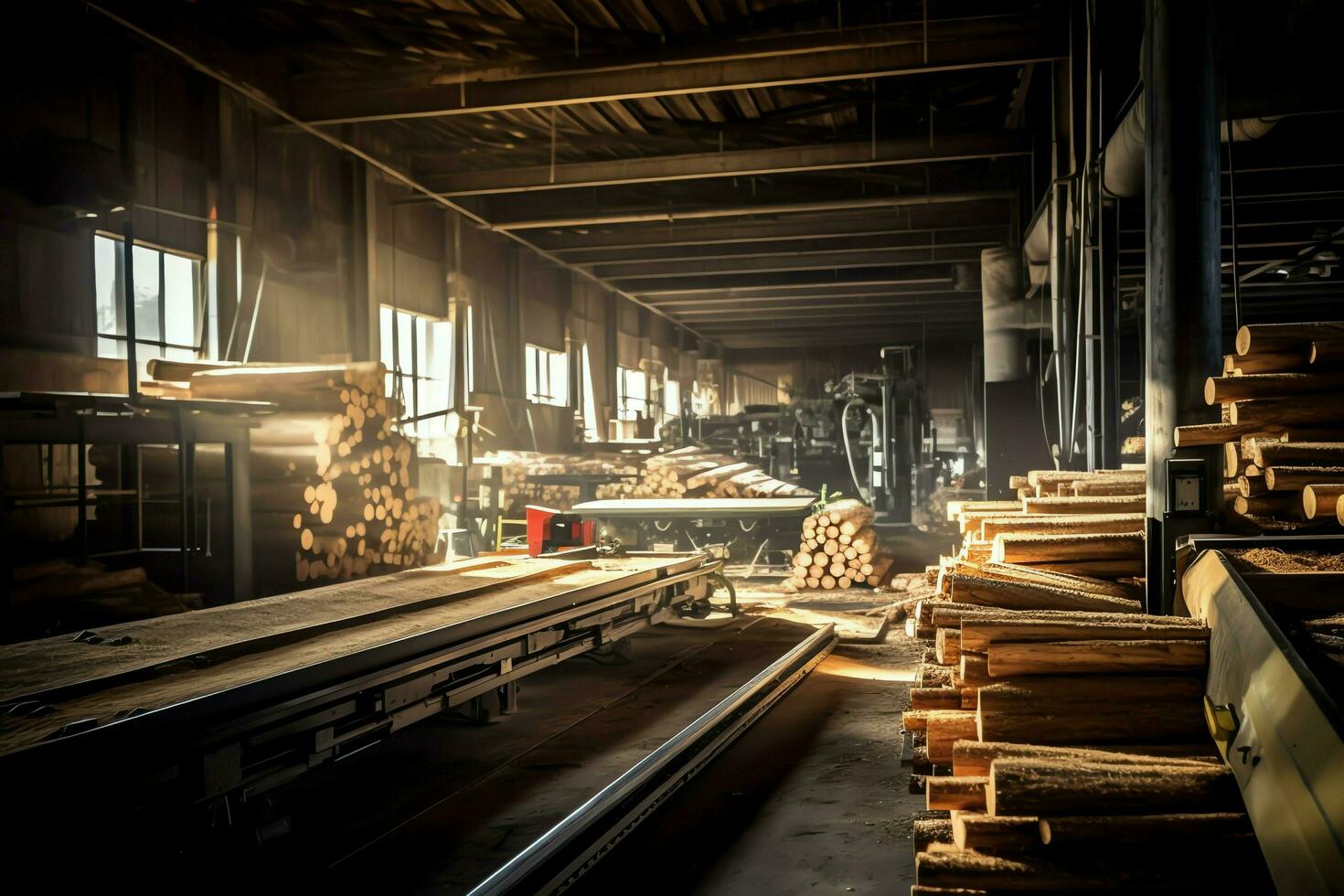 di legno tavola o tavola nel il legname mulino industria. pila di logs e legna nel il segheria produzione concetto di ai generato foto