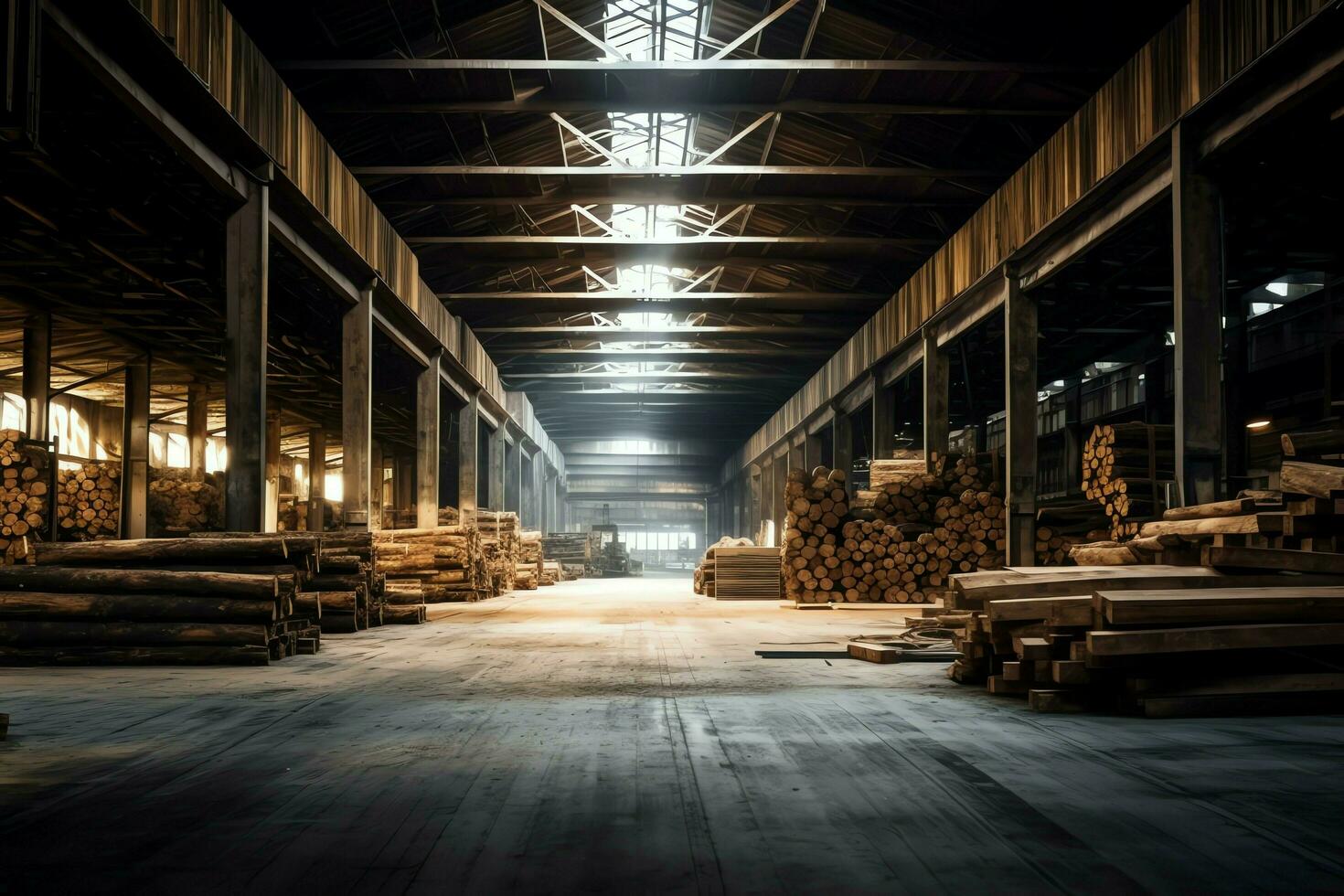 di legno tavola o tavola nel il legname mulino industria. pila di logs e legna nel il segheria produzione concetto di ai generato foto