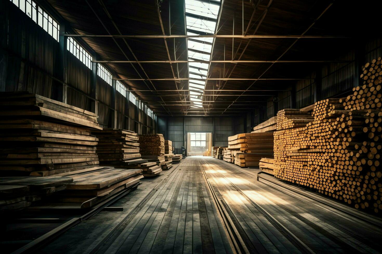 di legno tavola o tavola nel il legname mulino industria. pila di logs e legna nel il segheria produzione concetto di ai generato foto