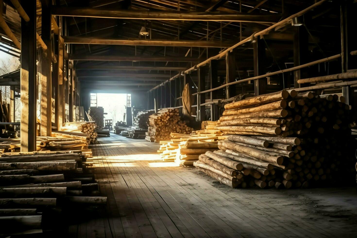 di legno tavola o tavola nel il legname mulino industria. pila di logs e legna nel il segheria produzione concetto di ai generato foto