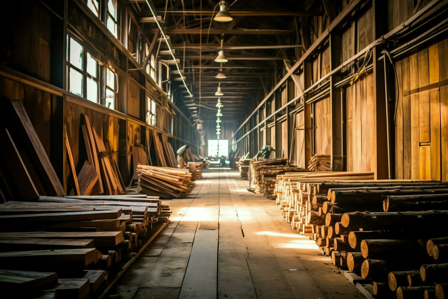 di legno tavola o tavola nel il legname mulino industria. pila di logs e legna nel il segheria produzione concetto di ai generato foto