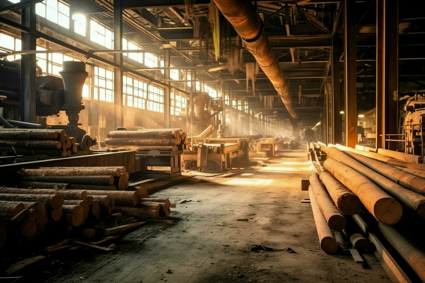 di legno tavola o tavola nel il legname mulino industria. pila di logs e legna nel il segheria produzione concetto di ai generato foto