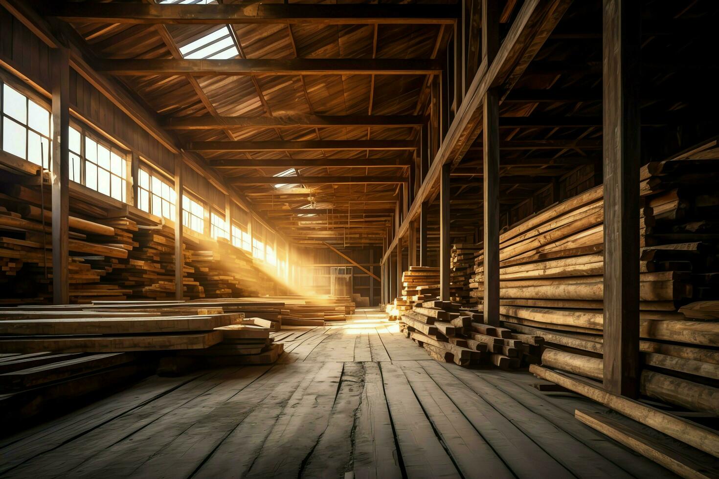 di legno tavola o tavola nel il legname mulino industria. pila di logs e legna nel il segheria produzione concetto di ai generato foto