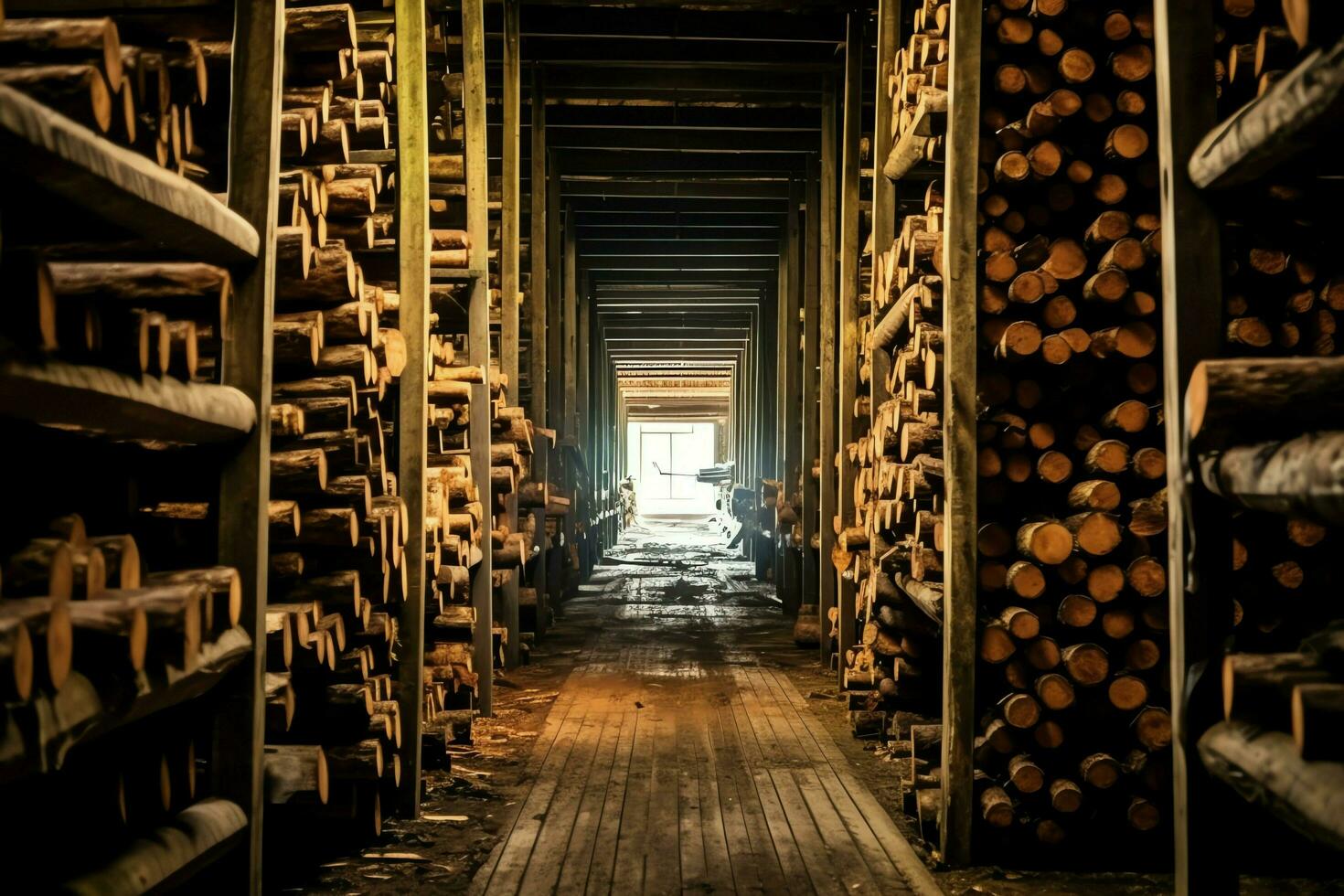 di legno tavola o tavola nel il legname mulino industria. pila di logs e legna nel il segheria produzione concetto di ai generato foto