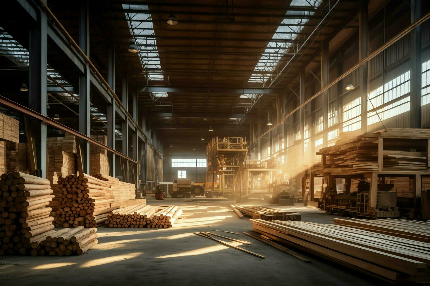 di legno tavola o tavola nel il legname mulino industria. pila di logs e legna nel il segheria produzione concetto di ai generato foto