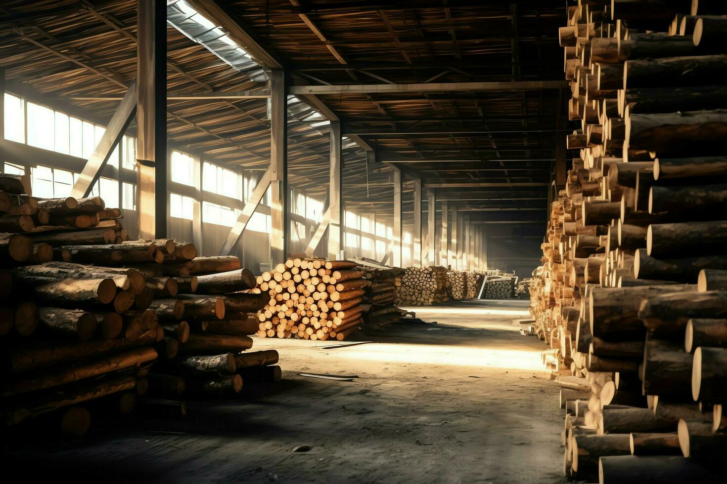 di legno tavola o tavola nel il legname mulino industria. pila di logs e legna nel il segheria produzione concetto di ai generato foto