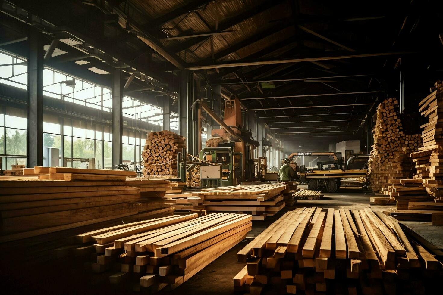 di legno tavola o tavola nel il legname mulino industria. pila di logs e legna nel il segheria produzione concetto di ai generato foto