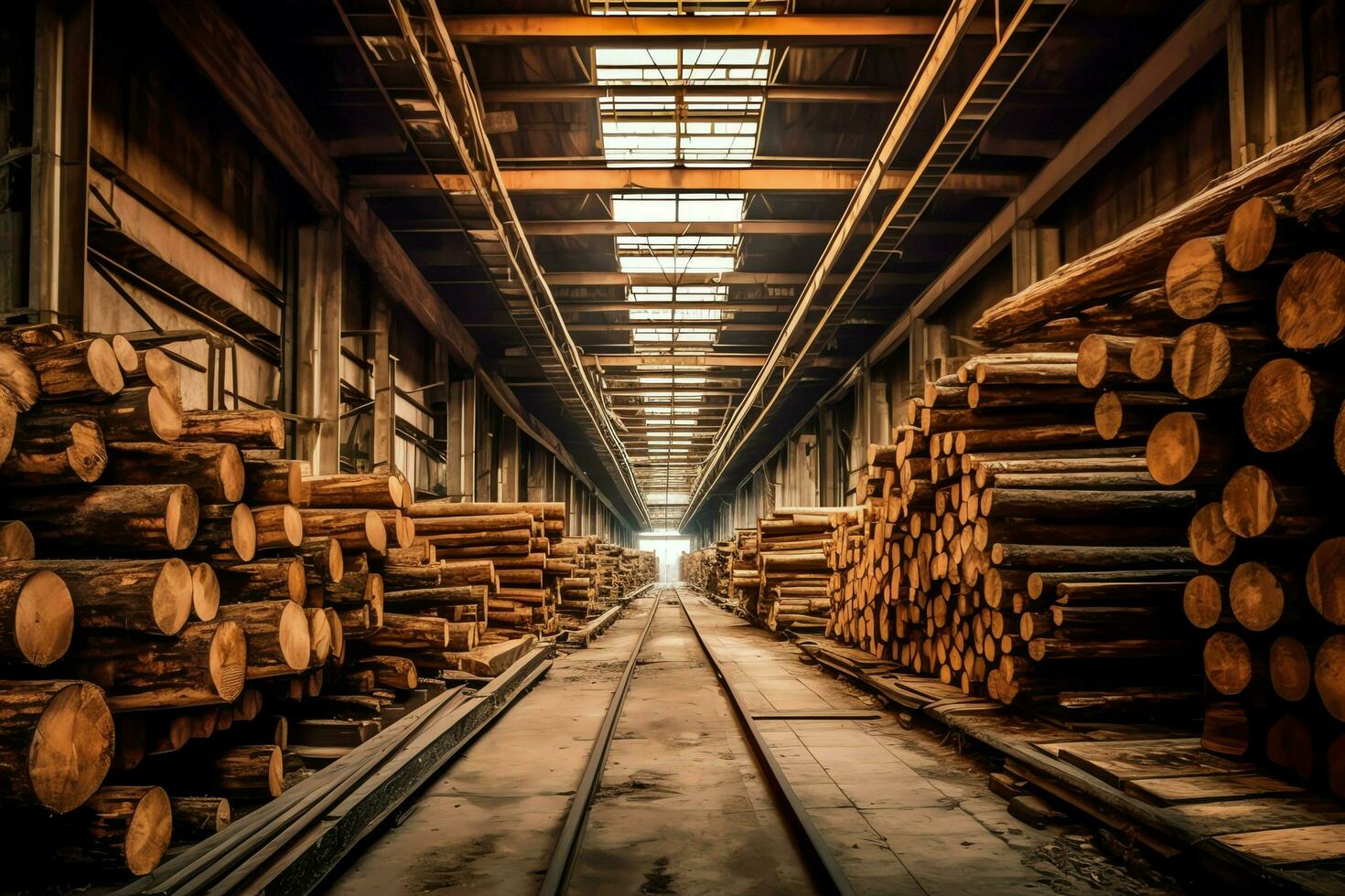 di legno tavola o tavola nel il legname mulino industria. pila di logs e legna nel il segheria produzione concetto di ai generato foto