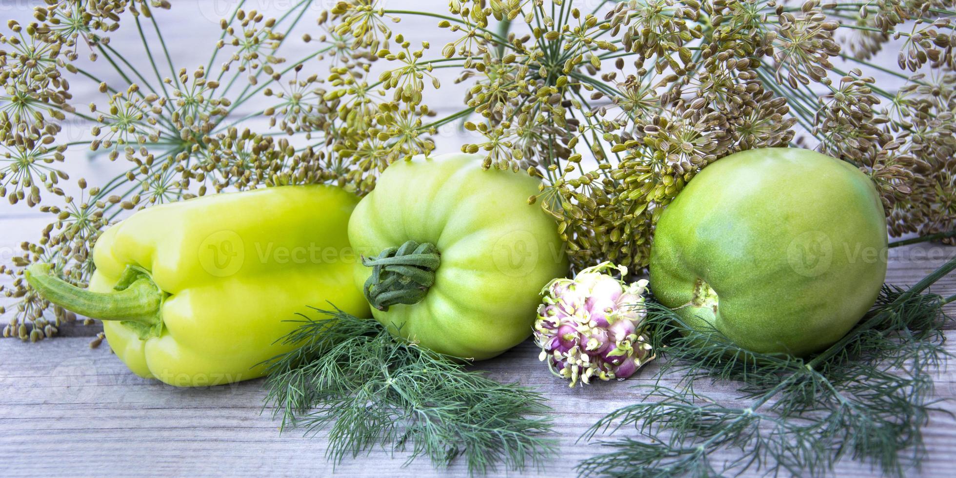 peperone dolce, pomodoro verde e aneto giacciono in fila su uno sfondo di legno foto