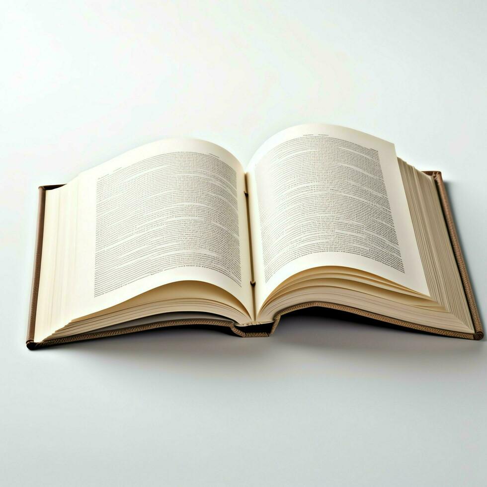alto Visualizza di Aperto libro con vuoto vuoto bianca pagine. taccuino composizione per Catalogare, riviste concetto di ai generato foto