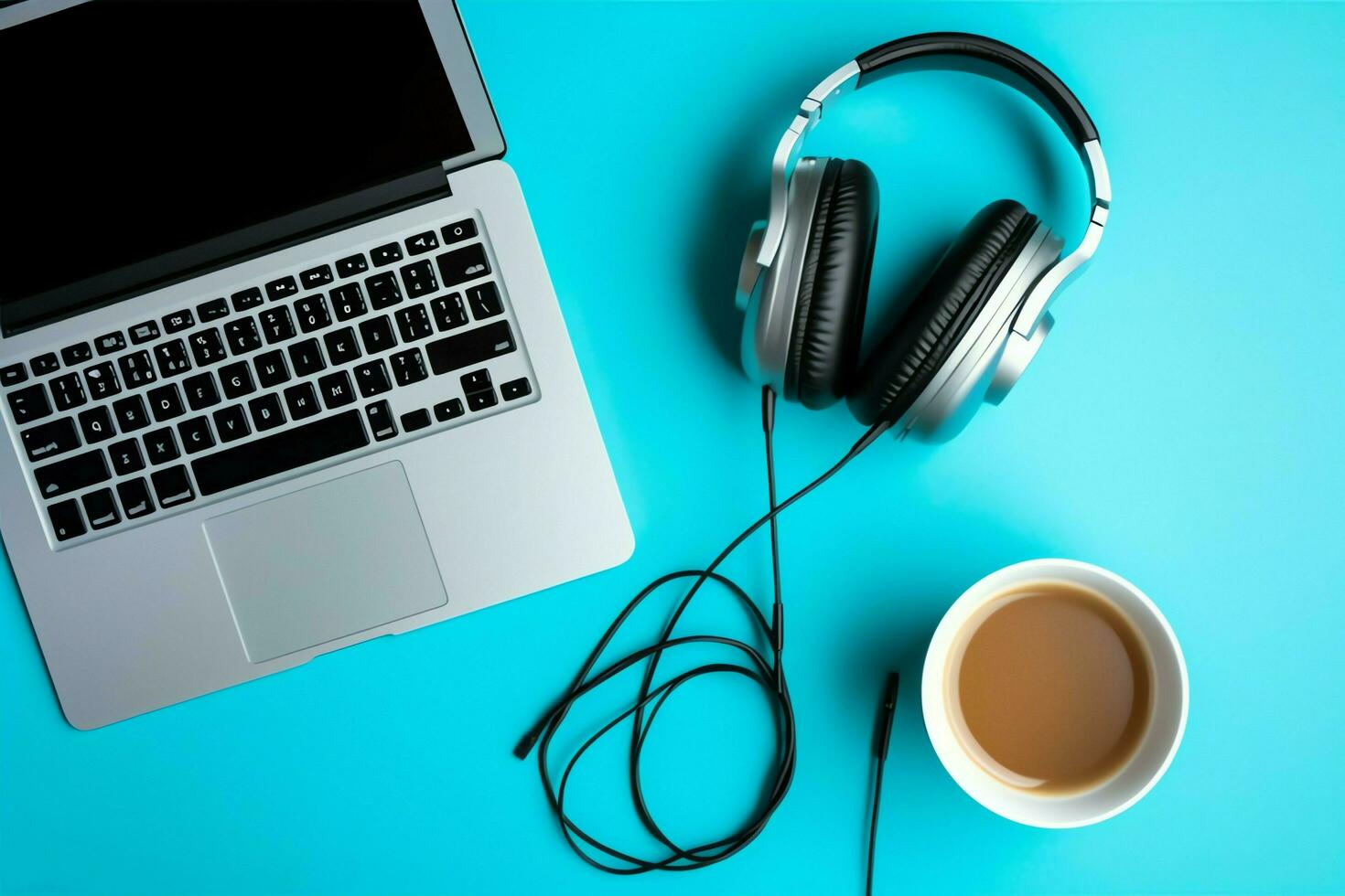 musica o Podcast sfondo con elettronico dispositivi, cuffia, caffè e il computer portatile su ufficio scrivania concetto di ai generato foto