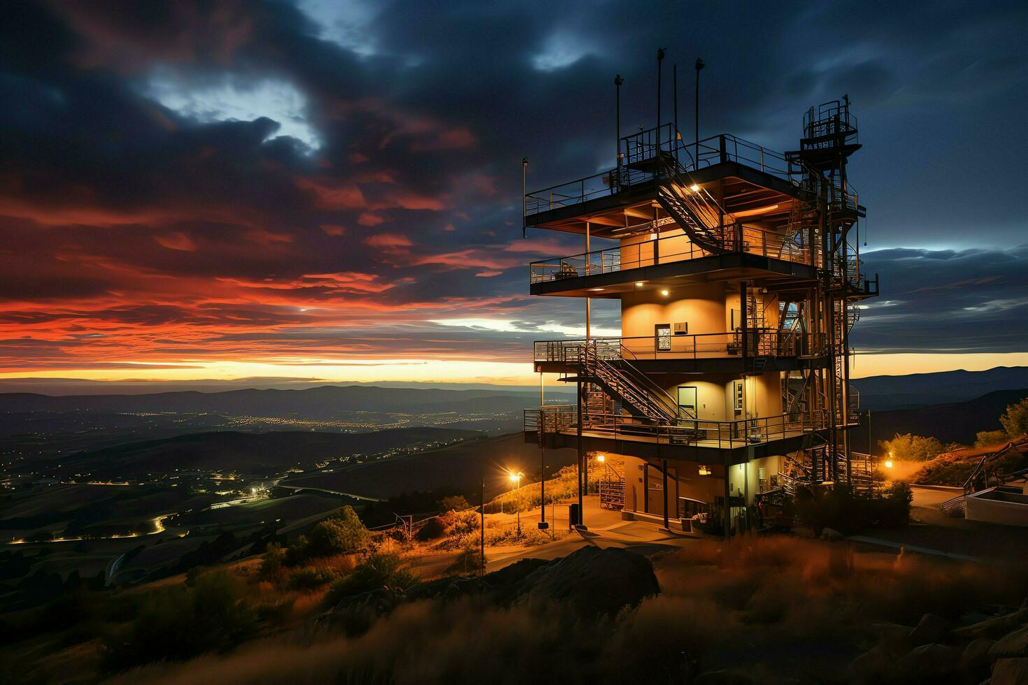 bellissimo Visualizza alto voltaggio elettrico o telecomunicazioni antenna senza fili Torre con verde campo concetto di ai generato foto