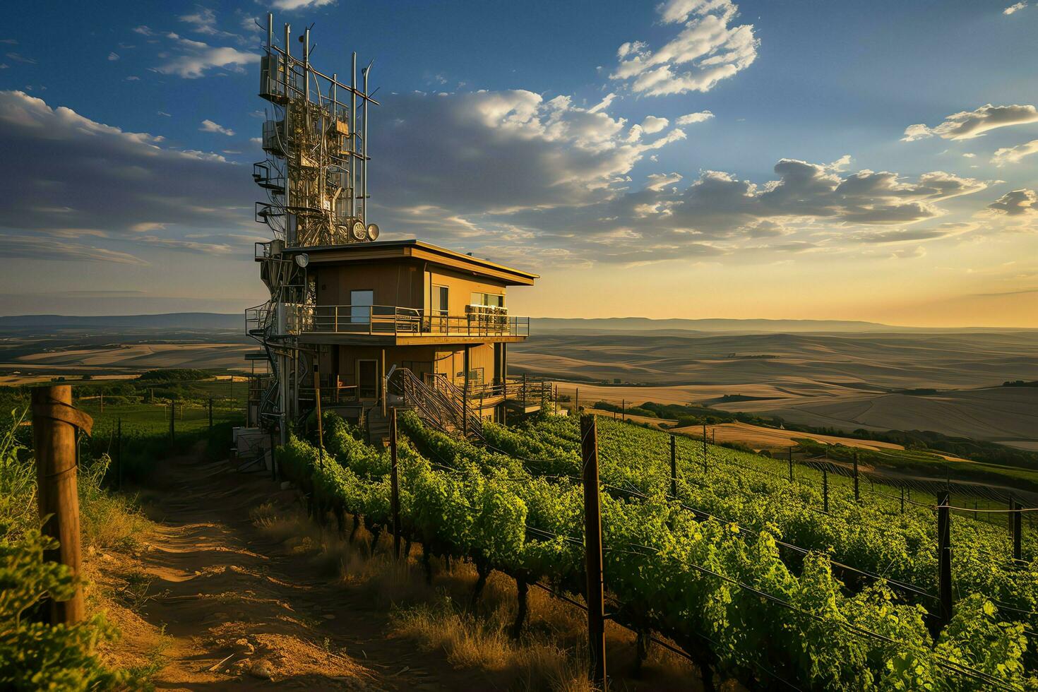 bellissimo Visualizza alto voltaggio elettrico o telecomunicazioni antenna senza fili Torre con verde campo concetto di ai generato foto