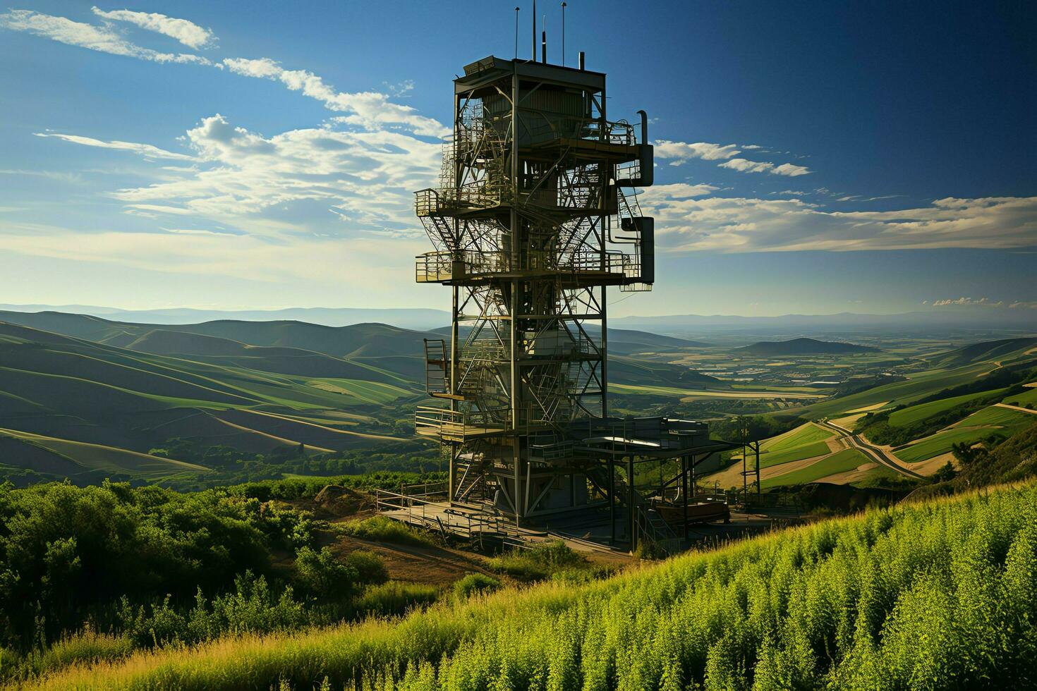 bellissimo Visualizza alto voltaggio elettrico o telecomunicazioni antenna senza fili Torre con verde campo concetto di ai generato foto