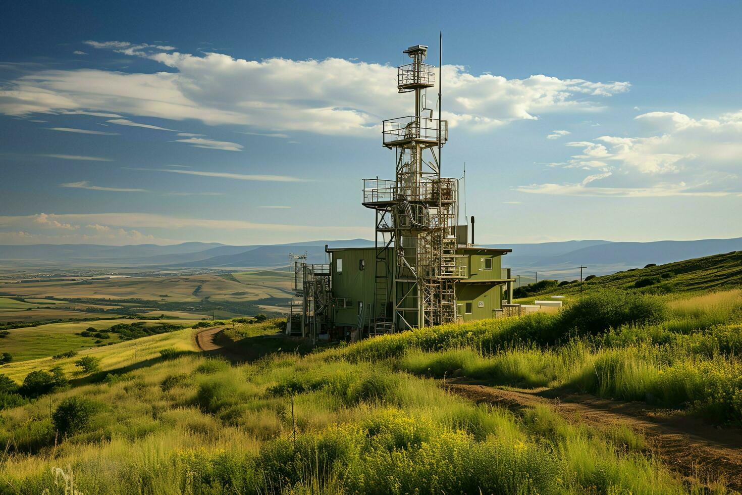 bellissimo Visualizza alto voltaggio elettrico o telecomunicazioni antenna senza fili Torre con verde campo concetto di ai generato foto