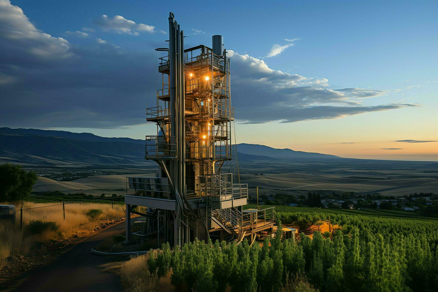 bellissimo Visualizza alto voltaggio elettrico o telecomunicazioni antenna senza fili Torre con verde campo concetto di ai generato foto