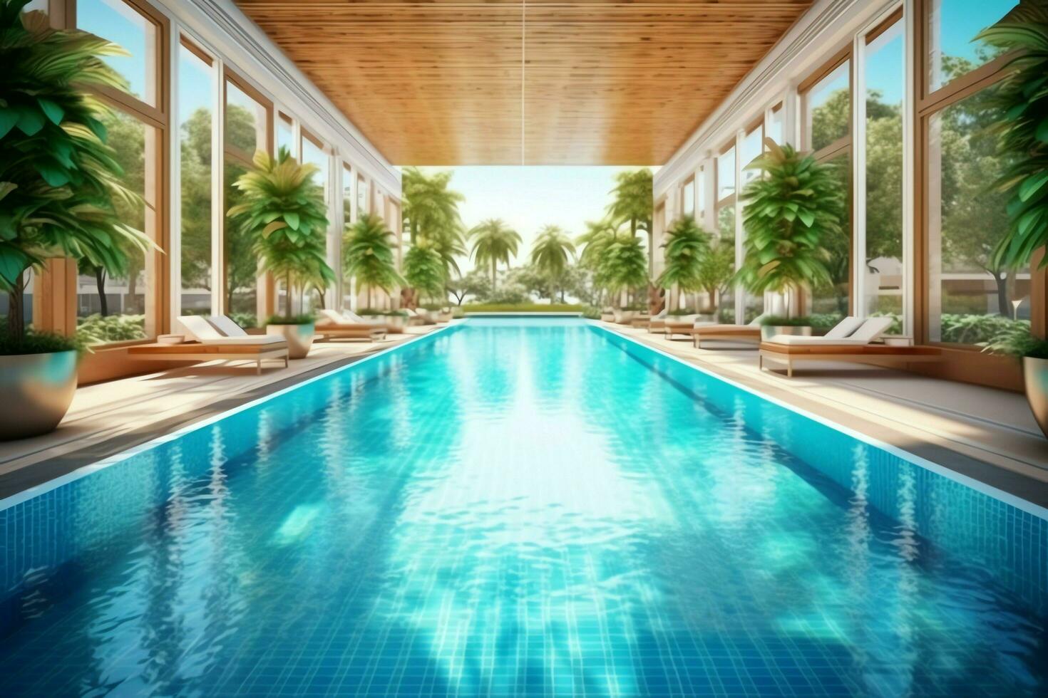 bellissimo all'aperto nuoto piscina nel lusso Hotel ricorrere con blu cielo per tempo libero rilassare e vacanza concetto di ai generato foto