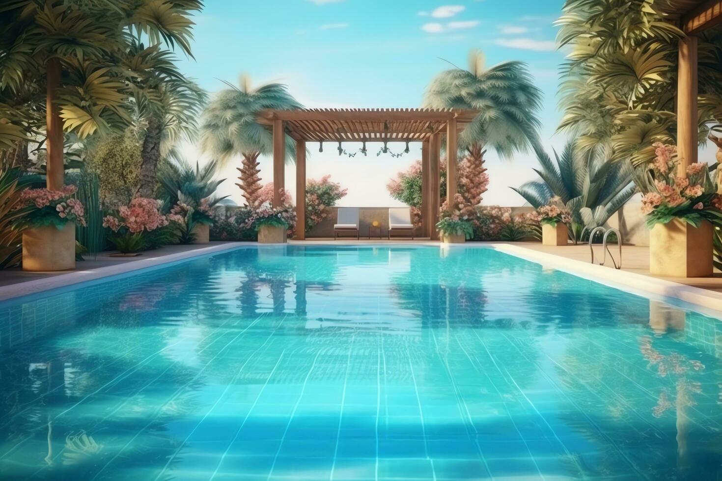 bellissimo all'aperto nuoto piscina nel lusso Hotel ricorrere con blu cielo per tempo libero rilassare e vacanza concetto di ai generato foto