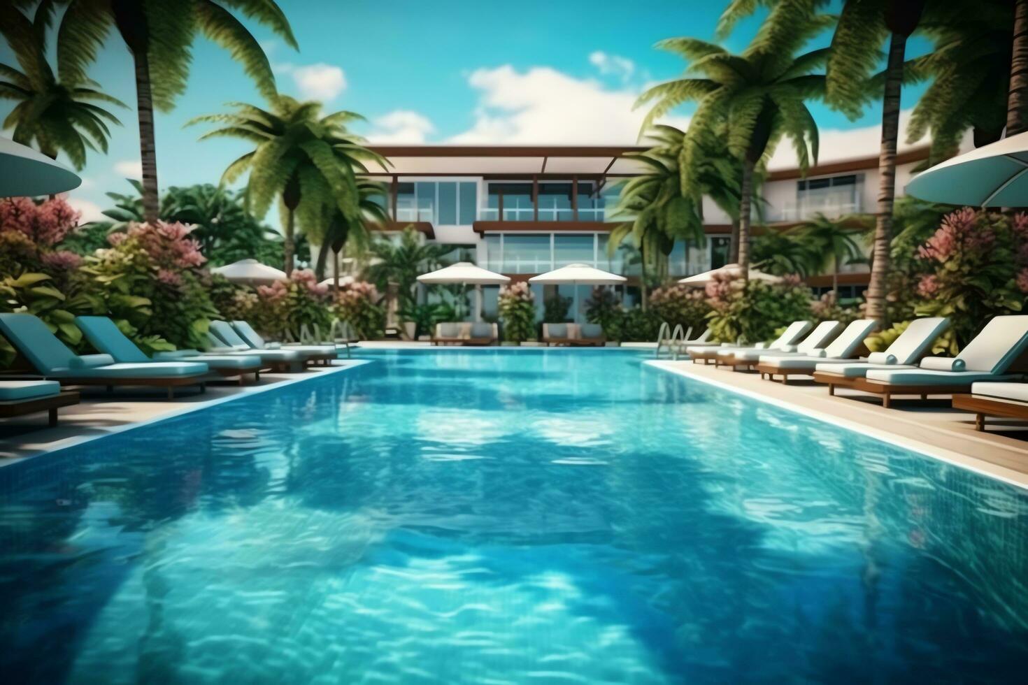 bellissimo all'aperto nuoto piscina nel lusso Hotel ricorrere con blu cielo per tempo libero rilassare e vacanza concetto di ai generato foto