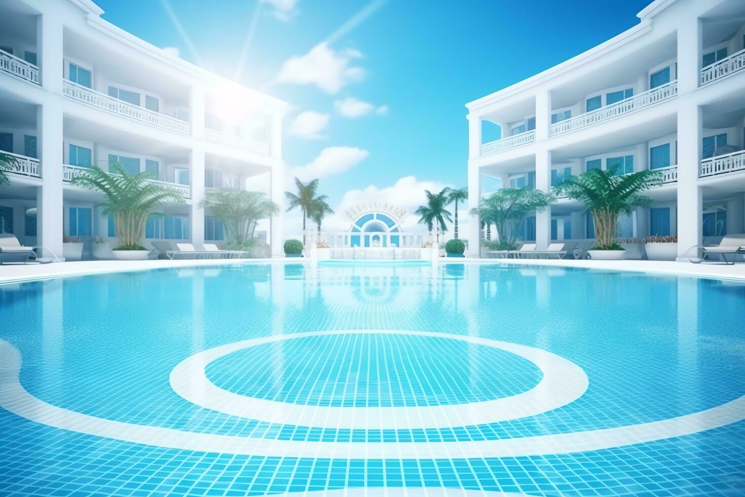 bellissimo all'aperto nuoto piscina nel lusso Hotel ricorrere con blu cielo per tempo libero rilassare e vacanza concetto di ai generato foto