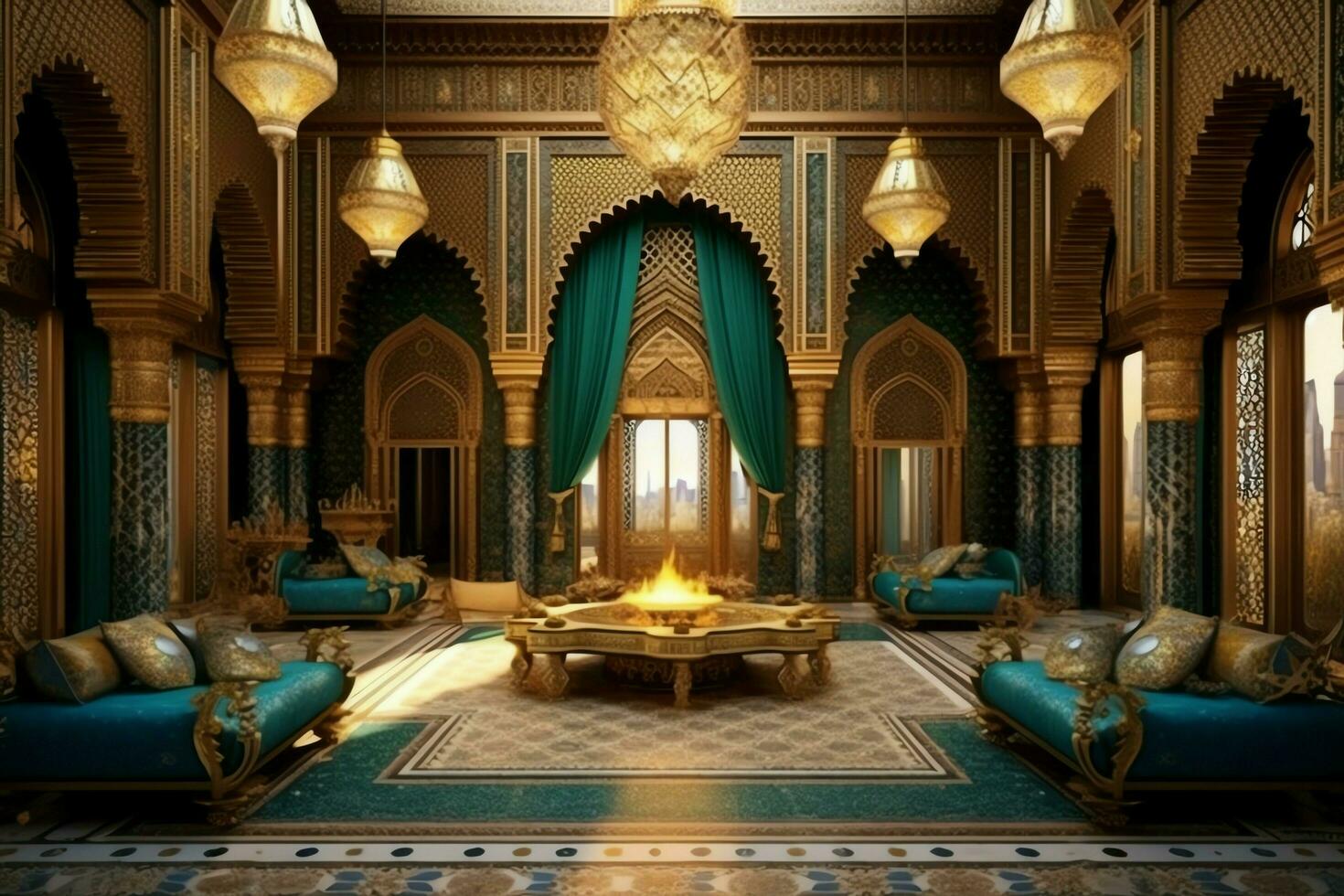 molto lussuoso camera e grande con muri decorato con marocchino mosaico. camera nel tradizionale islamico concetto di ai generato foto