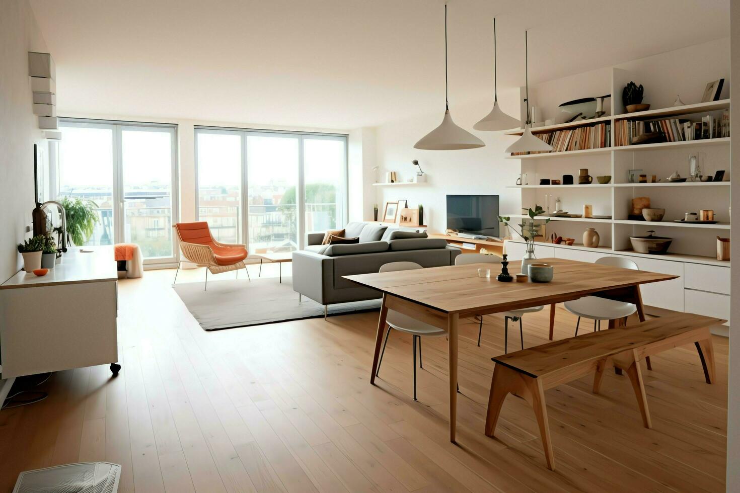 moderno appartamento interno nel vivente design con Lavorando tavolo e scaffale. lusso casa scandinavo concetto di ai generato foto