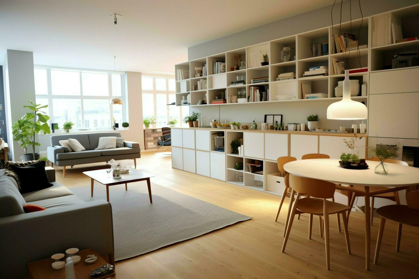 moderno appartamento interno nel vivente design con Lavorando tavolo e scaffale. lusso casa scandinavo concetto di ai generato foto