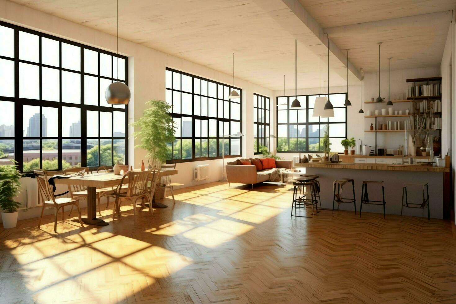 moderno appartamento interno nel vivente design con Lavorando tavolo e scaffale. lusso casa scandinavo concetto di ai generato foto