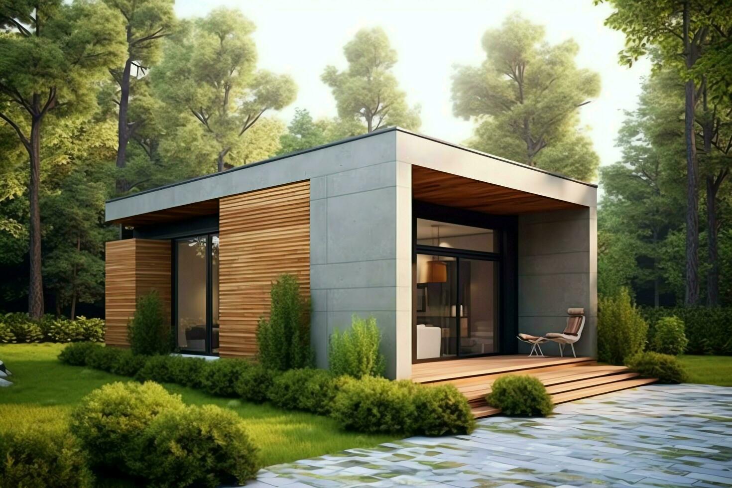 bellissimo moderno Casa esterno con posto auto coperto. moderno Residenziale quartiere e minimalista edificio concetto di ai generato foto