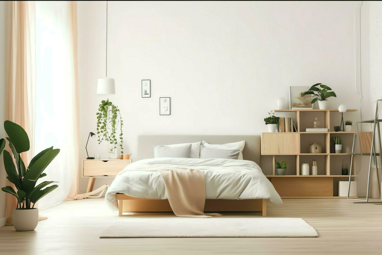 moderno Camera da letto interno design nel appartamento o Casa con arredamento. lusso Camera da letto scandinavo concetto di ai generato foto