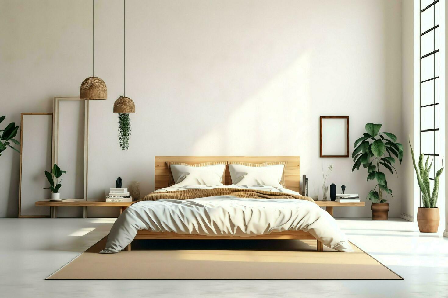 moderno Camera da letto interno design nel appartamento o Casa con arredamento. lusso Camera da letto scandinavo concetto di ai generato foto