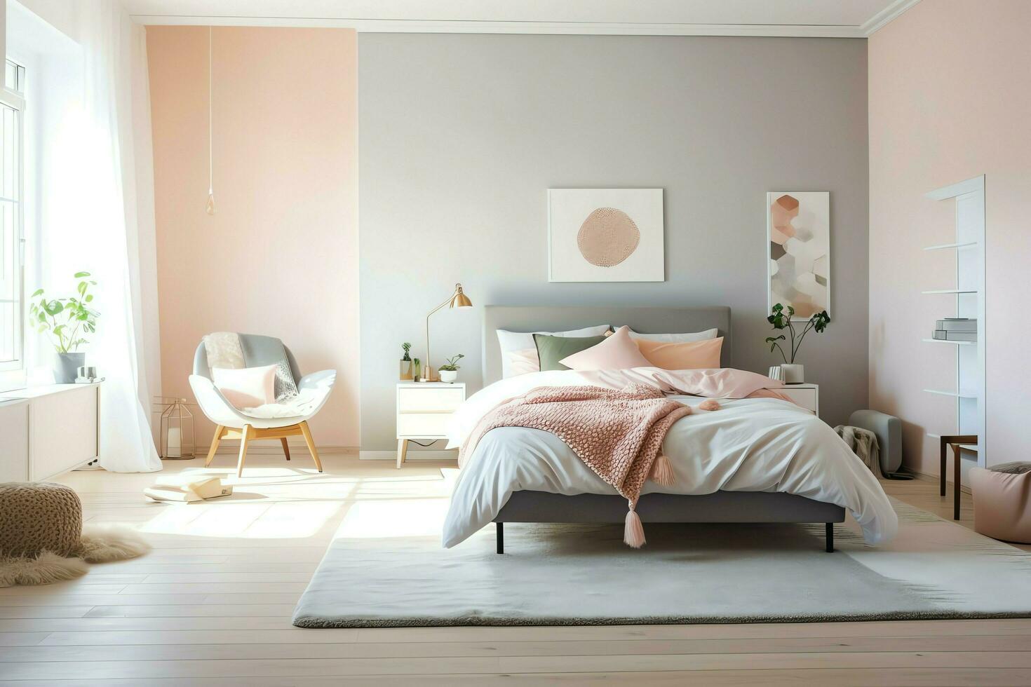 moderno Camera da letto interno design nel appartamento o Casa con arredamento. lusso Camera da letto scandinavo concetto di ai generato foto