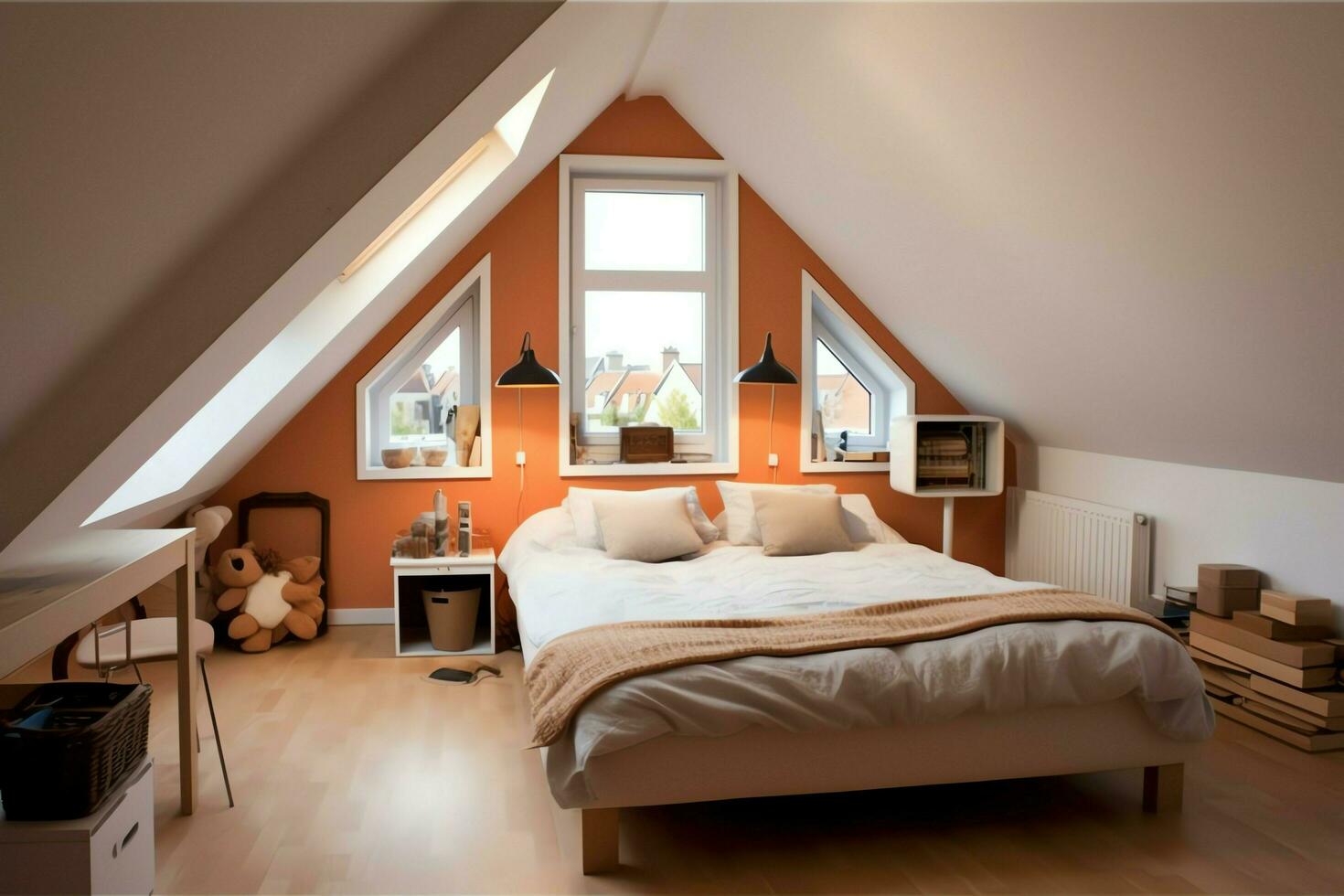 moderno abbaino soffitta conversione interno design nel appartamento o Casa a UK. lusso triangolo Attico camera concetto di ai generato foto