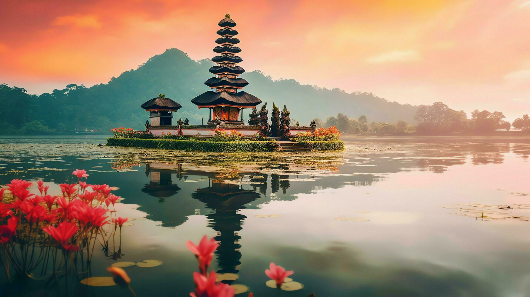 antico pura ulun danu bratano, besakih o famoso indù tempio e turista nel bali isola a Alba concetto di ai generato foto