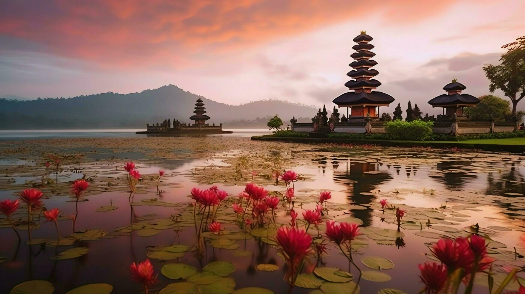 antico pura ulun danu bratano, besakih o famoso indù tempio e turista nel bali isola a Alba concetto di ai generato foto