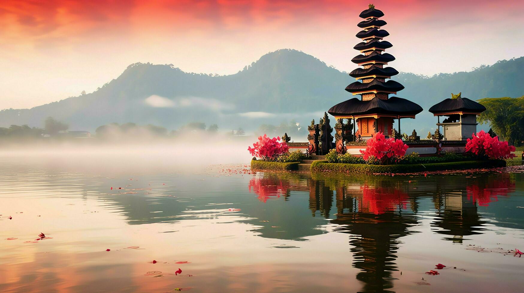 antico pura ulun danu bratano, besakih o famoso indù tempio e turista nel bali isola a Alba concetto di ai generato foto