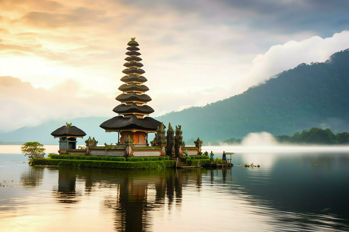 antico pura ulun danu bratano, besakih o famoso indù tempio e turista nel bali isola a Alba concetto di ai generato foto