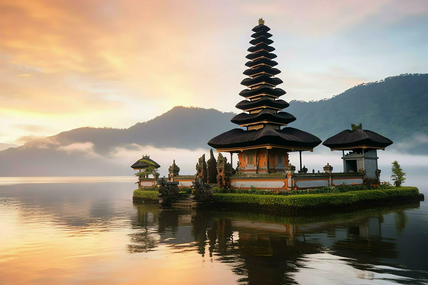 antico pura ulun danu bratano, besakih o famoso indù tempio e turista nel bali isola a Alba concetto di ai generato foto