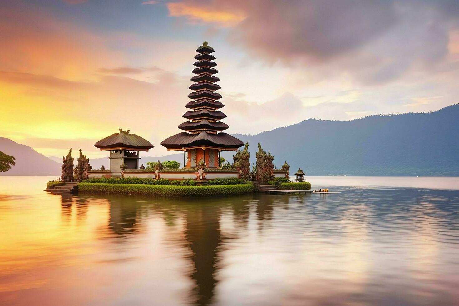 antico pura ulun danu bratano, besakih o famoso indù tempio e turista nel bali isola a Alba concetto di ai generato foto