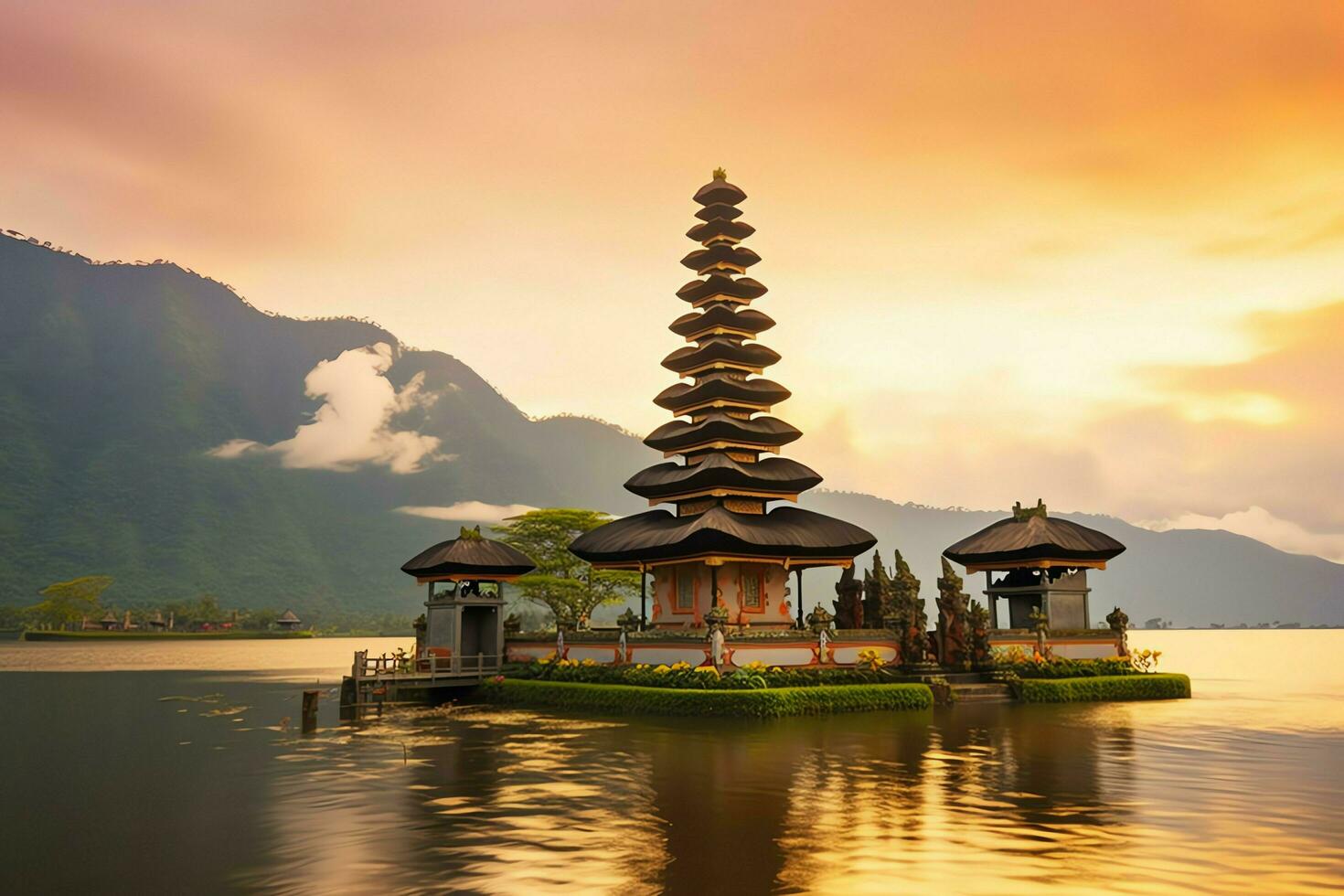 antico pura ulun danu bratano, besakih o famoso indù tempio e turista nel bali isola a Alba concetto di ai generato foto