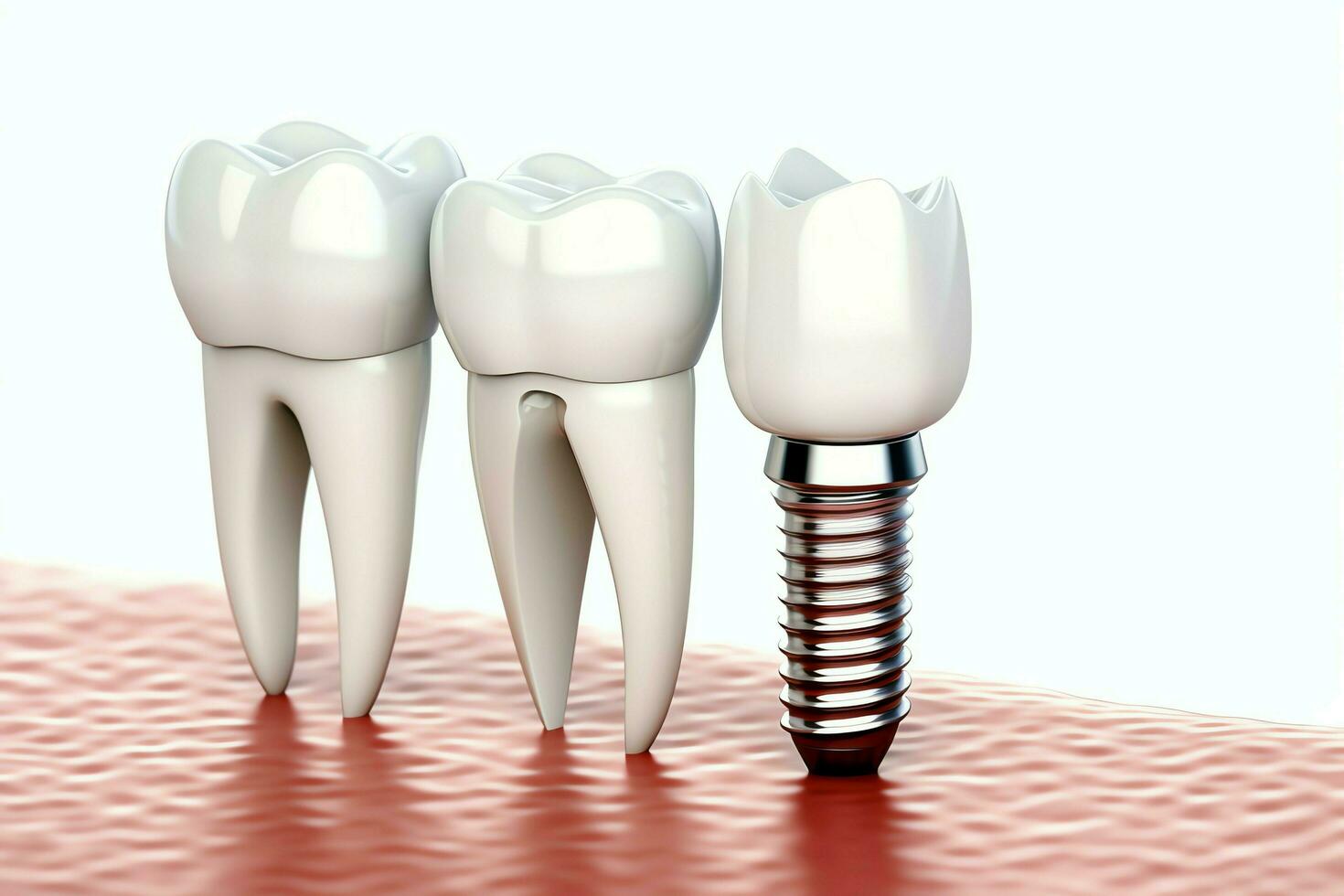 vicino su di un' dentale dente impiantare o salutare umano denti. bianca smalto e dentale impianti chirurgia concetto di ai generato foto