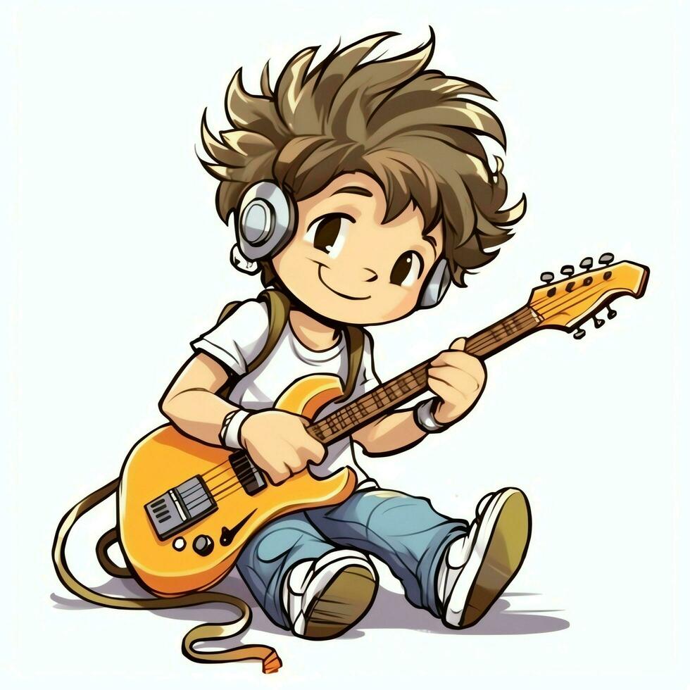 carino ragazzo giocando chitarra e ascoltando per musica con cuffia nel cartone animato stile. gioventù giorno o musica giorno concetto di ai generato foto