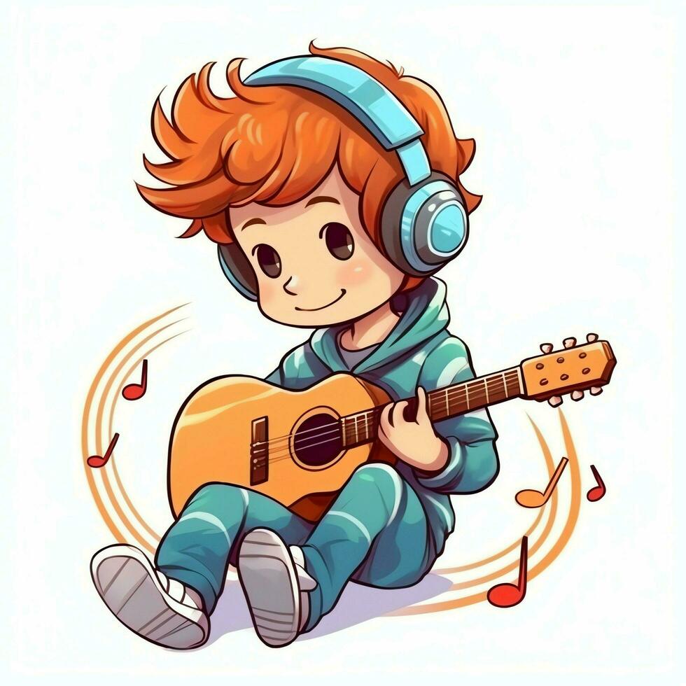 carino ragazzo giocando chitarra e ascoltando per musica con cuffia nel cartone animato stile. gioventù giorno o musica giorno concetto di ai generato foto