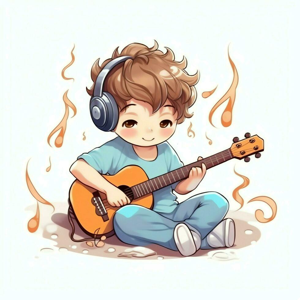 carino ragazzo giocando chitarra e ascoltando per musica con cuffia nel cartone animato stile. gioventù giorno o musica giorno concetto di ai generato foto